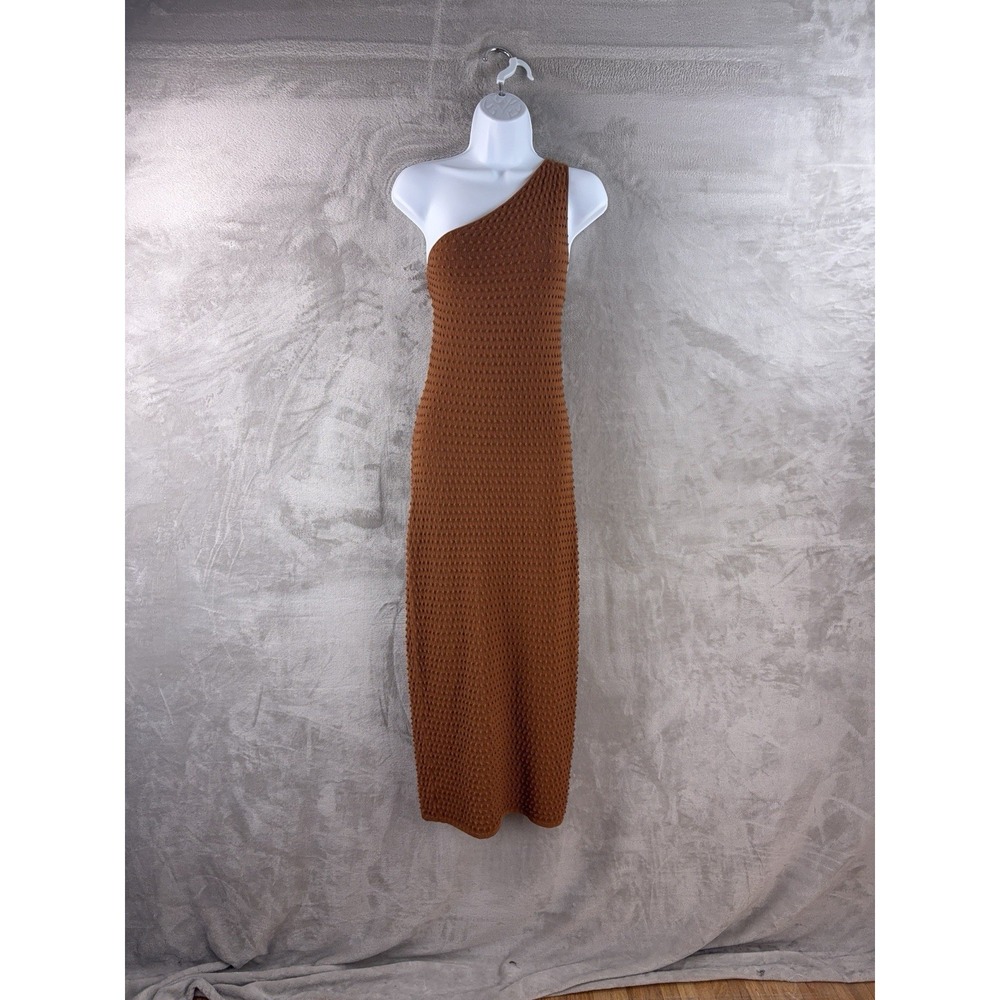 HELMUT LANG Spike Textured Maxi‎ Dress Womens Size Medium Brown One Shoulder